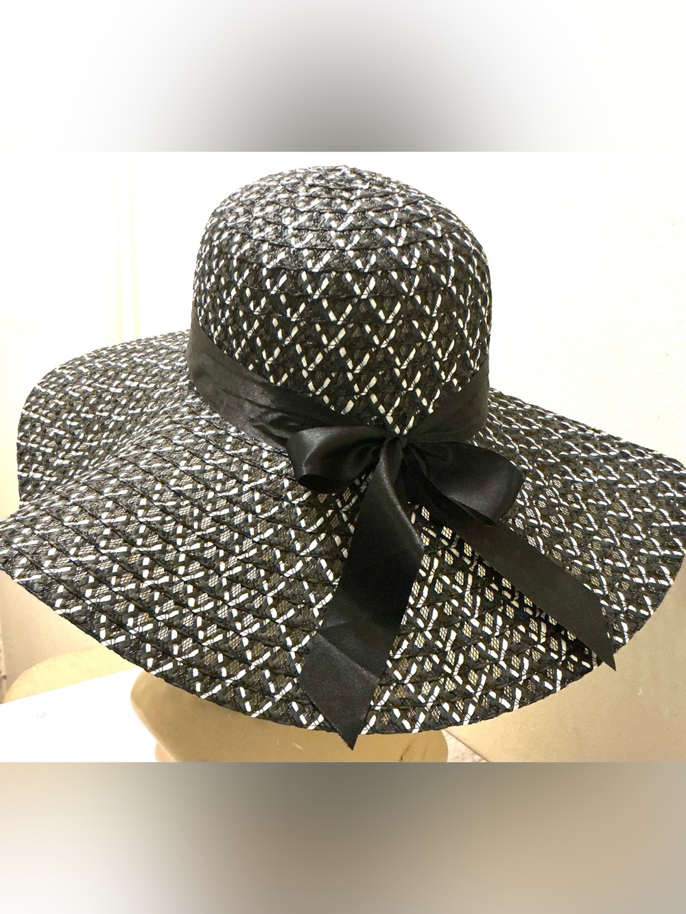 Classic Black Woven Sun Hat with Ribbon Bow
